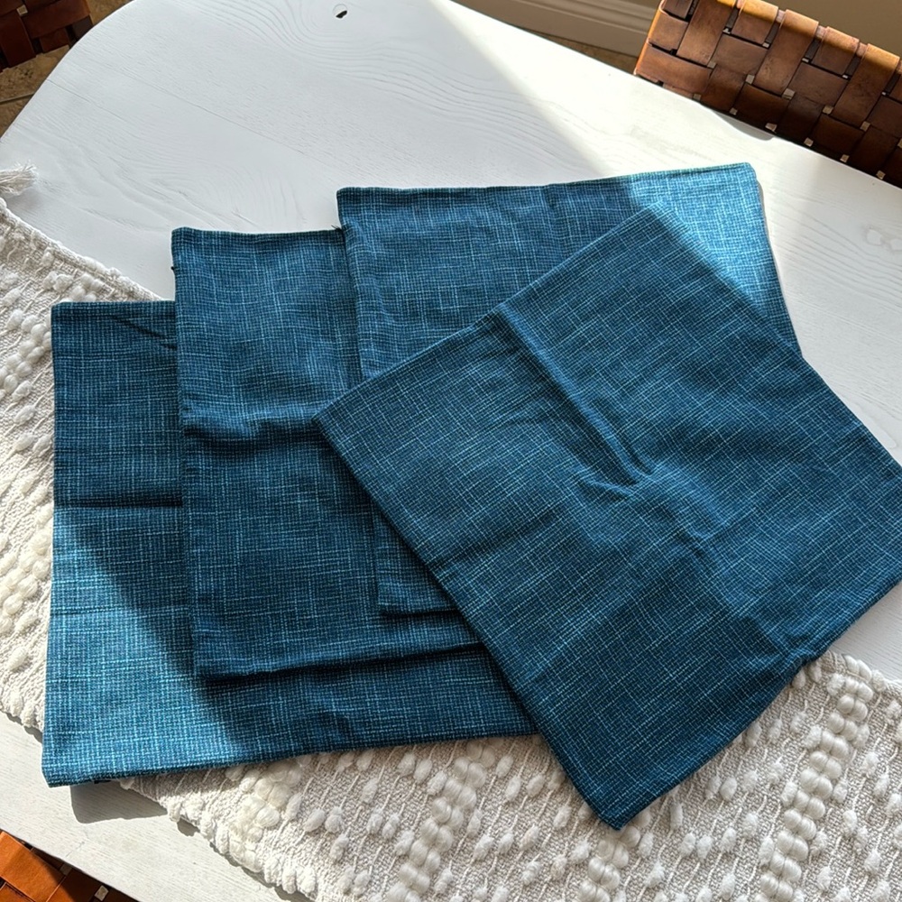 4 square blue accent pillow covers. 17.25” x 17.25” (New)